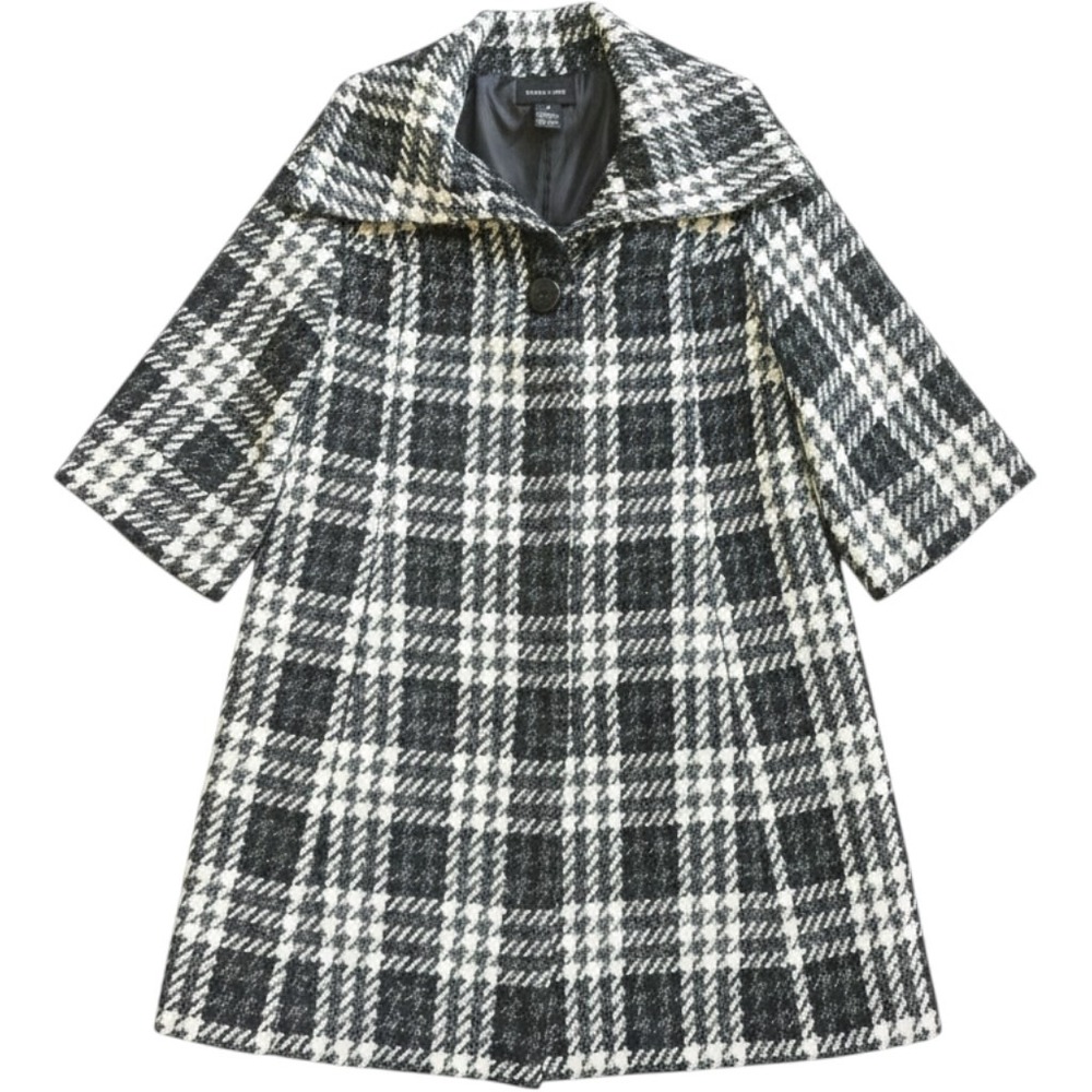 Focus 2000 Wool Blend Plaid Swing Coat Black White Size 8 Oversized Collar